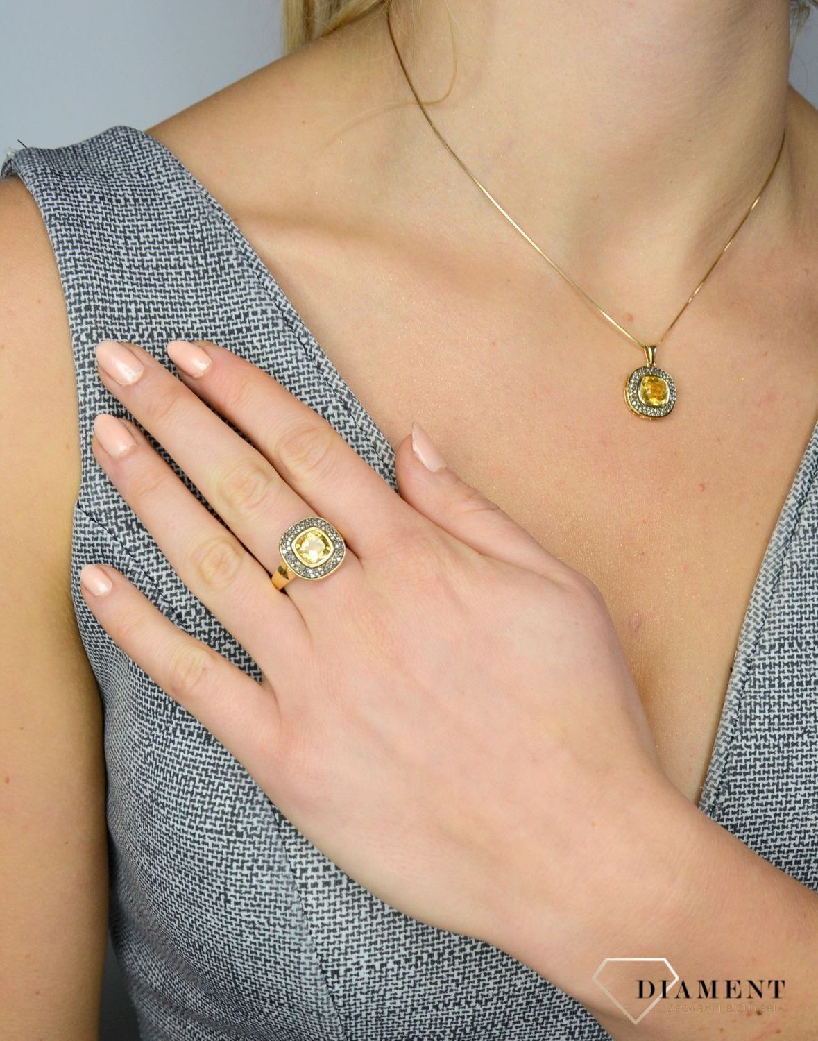 Złota zawieszka DIAMENT cytryn, diamenty P 1020 CTCH.jpg